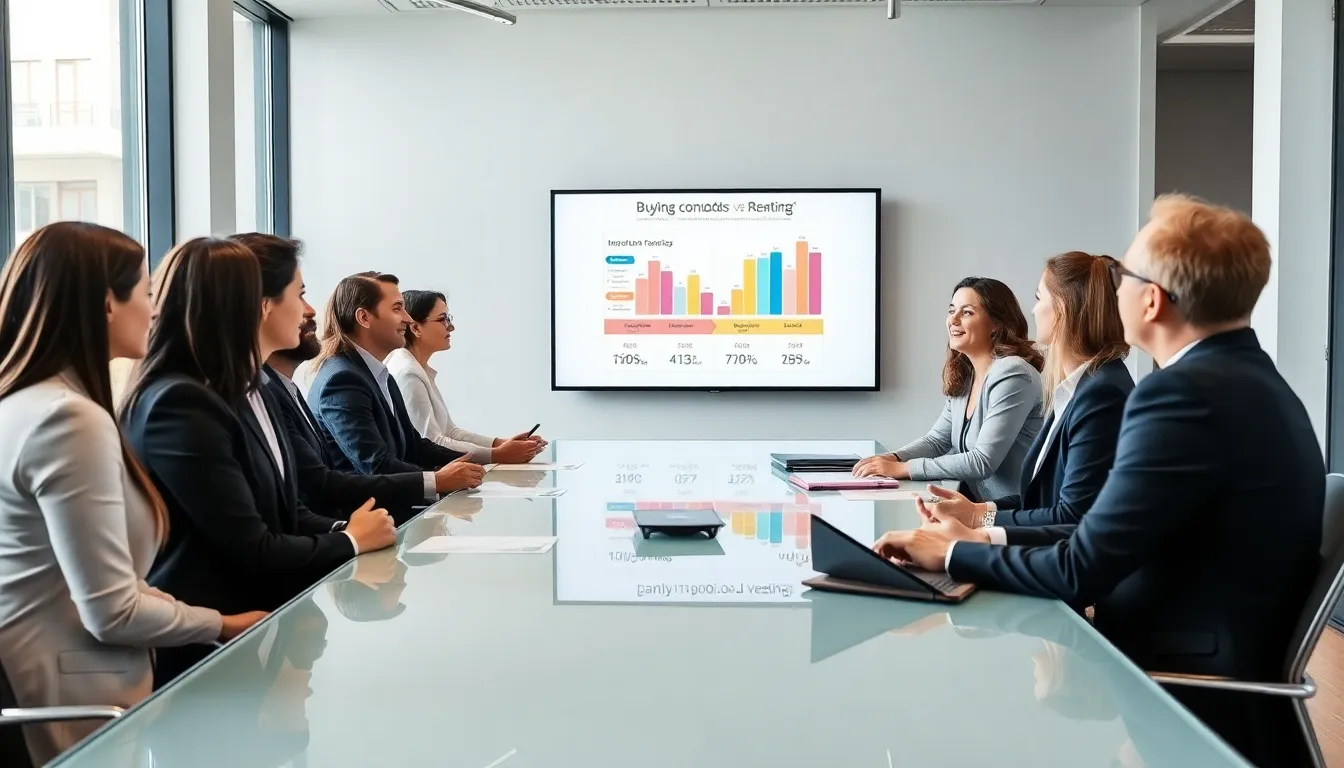 diverse professionals discussing buying a condo versus renting.